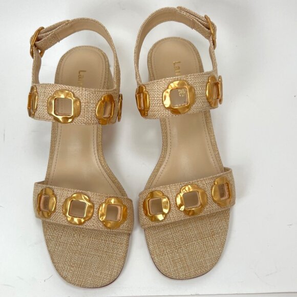 Larroudé Milan Block Heel Sandals Beige Women Brazil Raffia Sandals Size 6.5 - Picture 4 of 12
